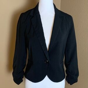Poetry Black Blazer Women’s Size‎ Medium One Button Ruched Sleeve Classic Jacket